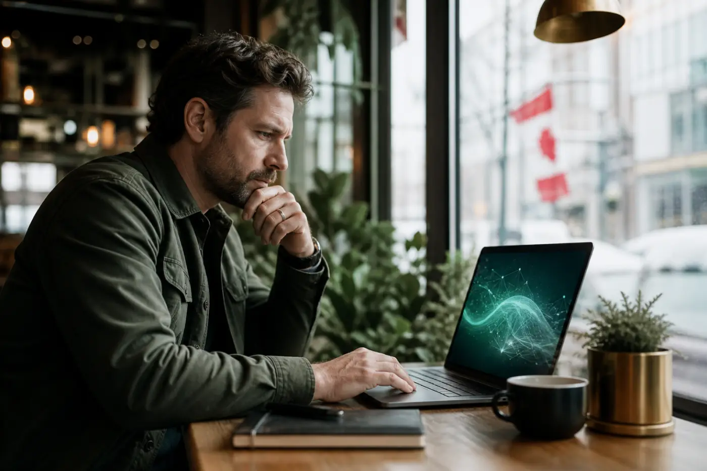 Small business owner using a laptop with an AI workspace in a cafe