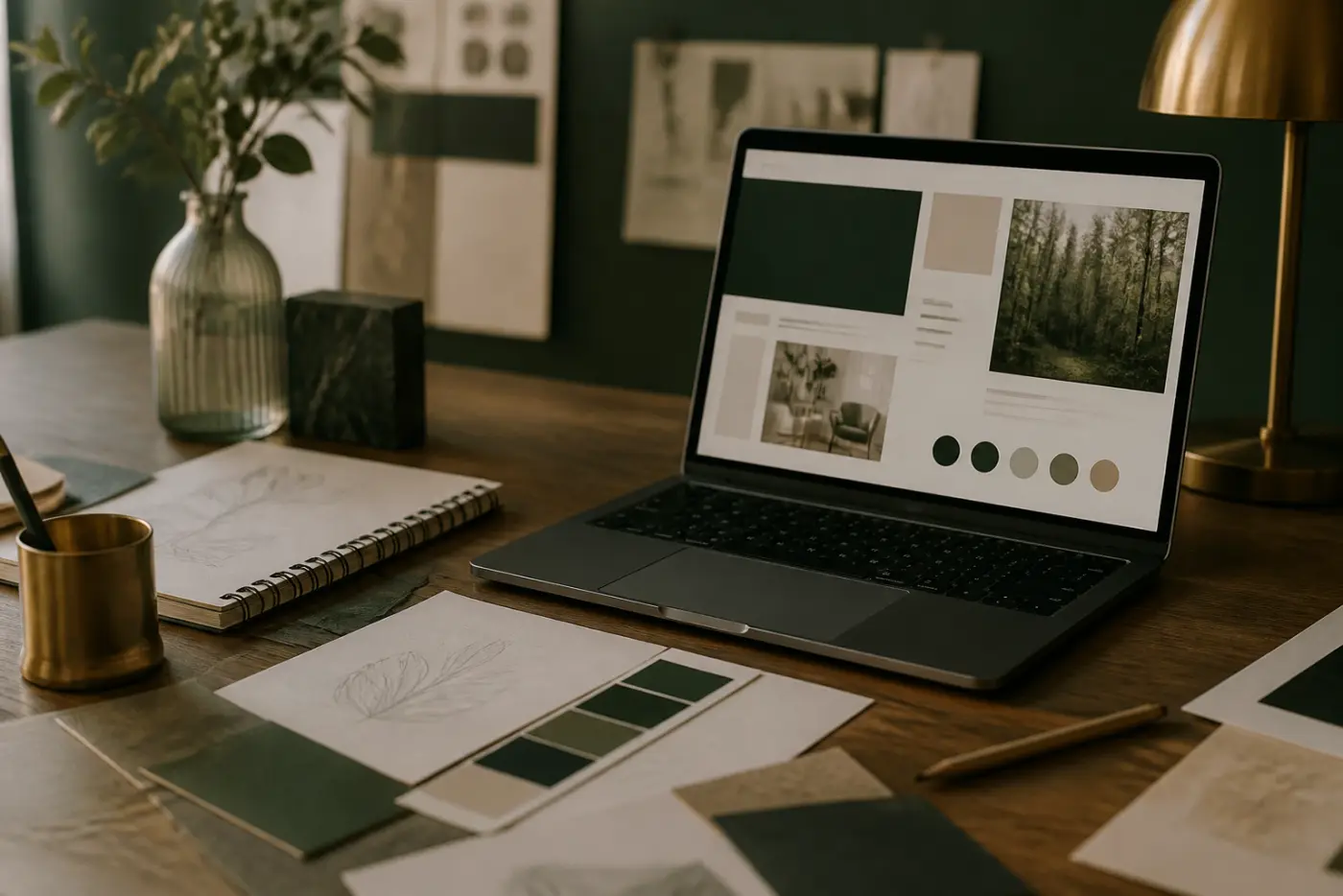 Brand colour swatches, sketches and a laptop showing a matching website