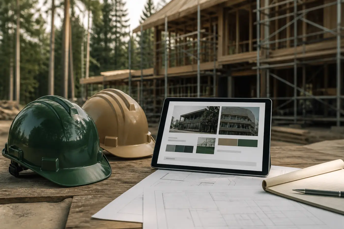 Construction hard hats and a tablet showing a project website on site