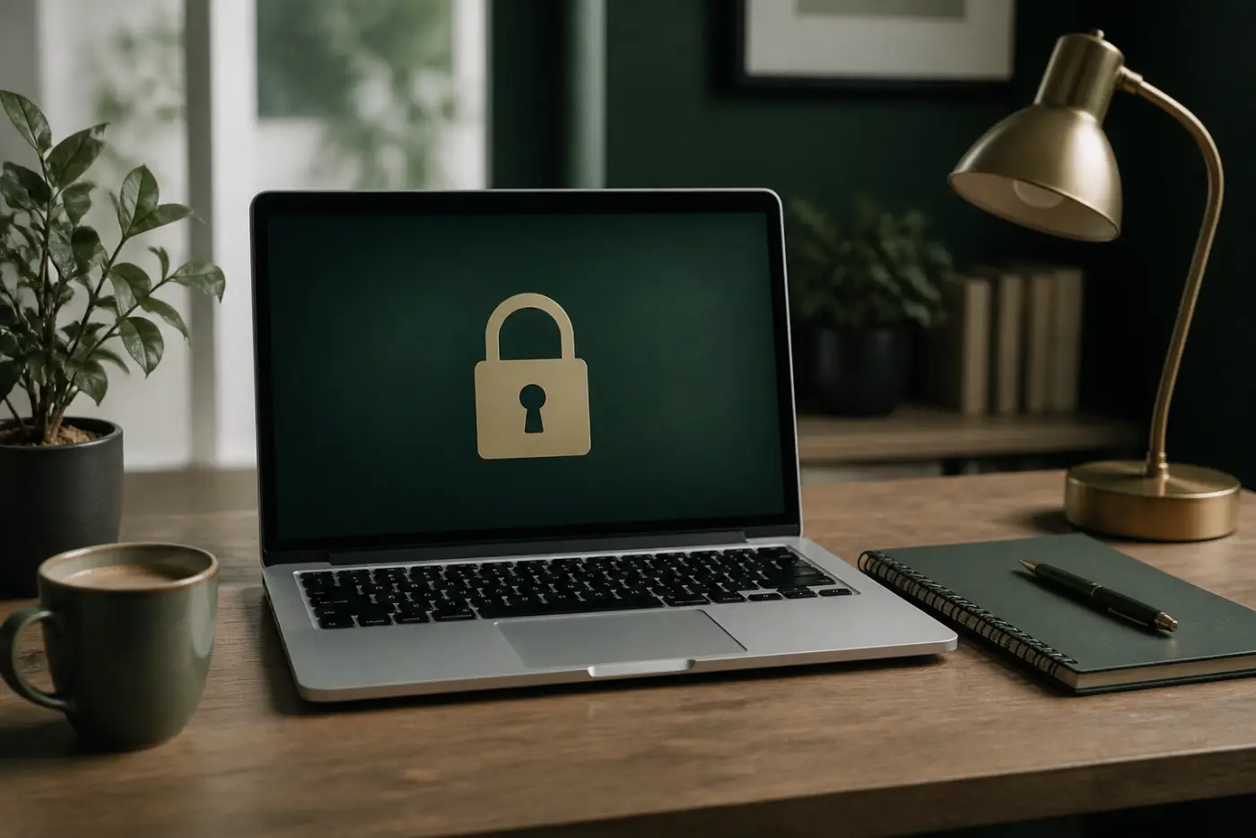Laptop on a desk with a simple security lock concept