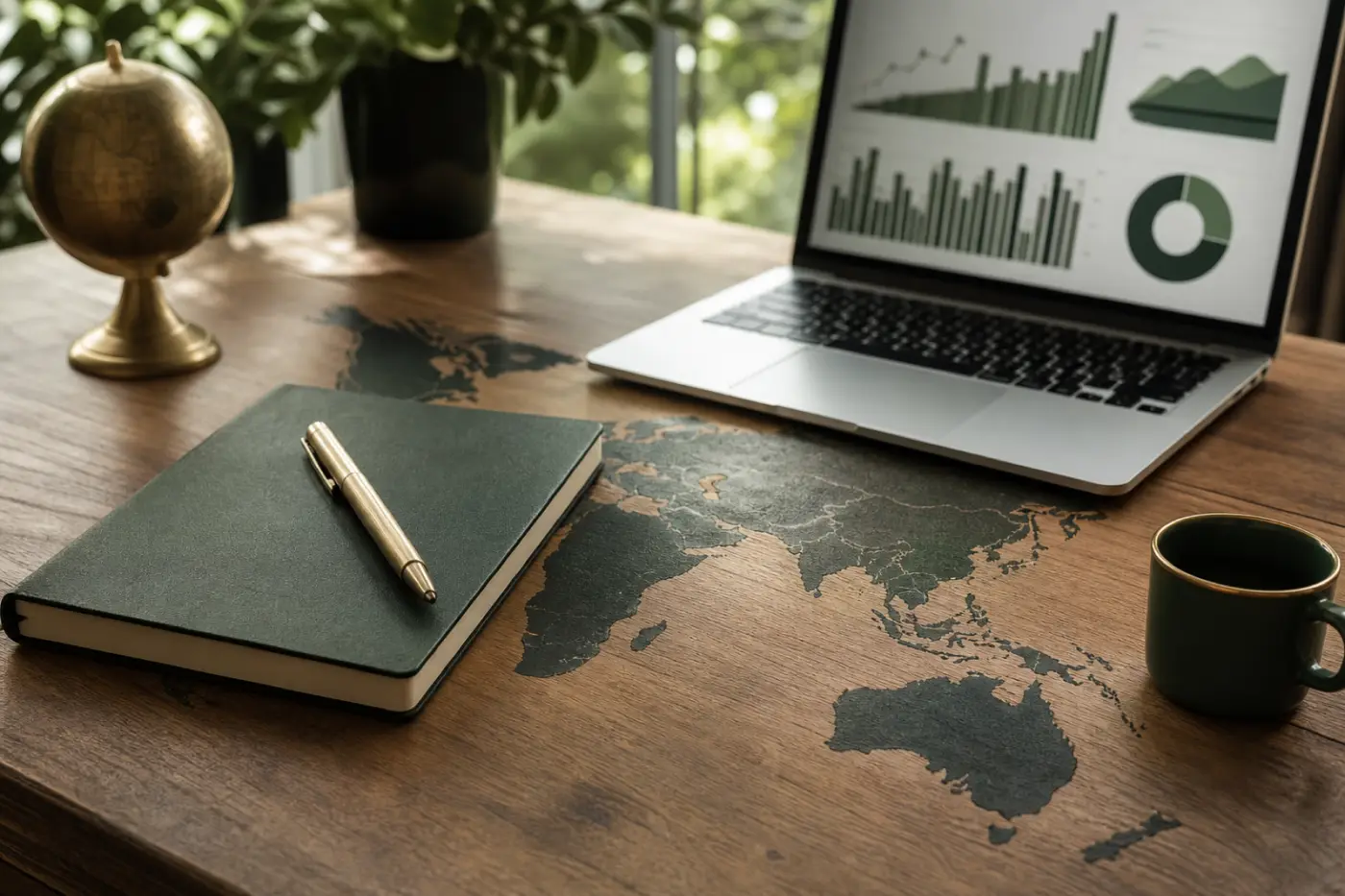 Desk with a world map, notebook and laptop showing growth charts