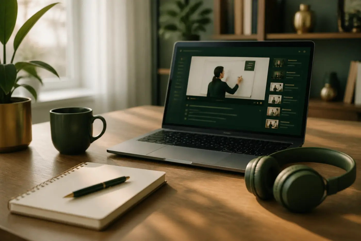 Study desk with headphones, notebook and laptop showing an online course