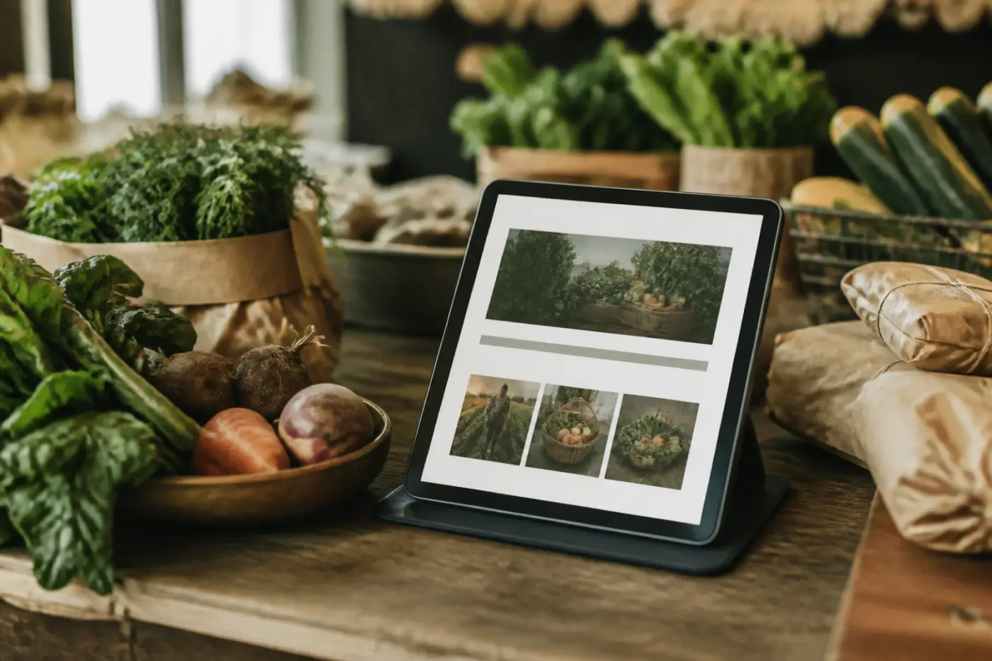 Fresh produce and a tablet with an email newsletter on a farm shop counter