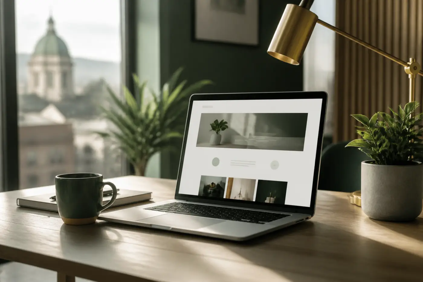Fresh workspace with a laptop showing a simple website homepage ready to launch