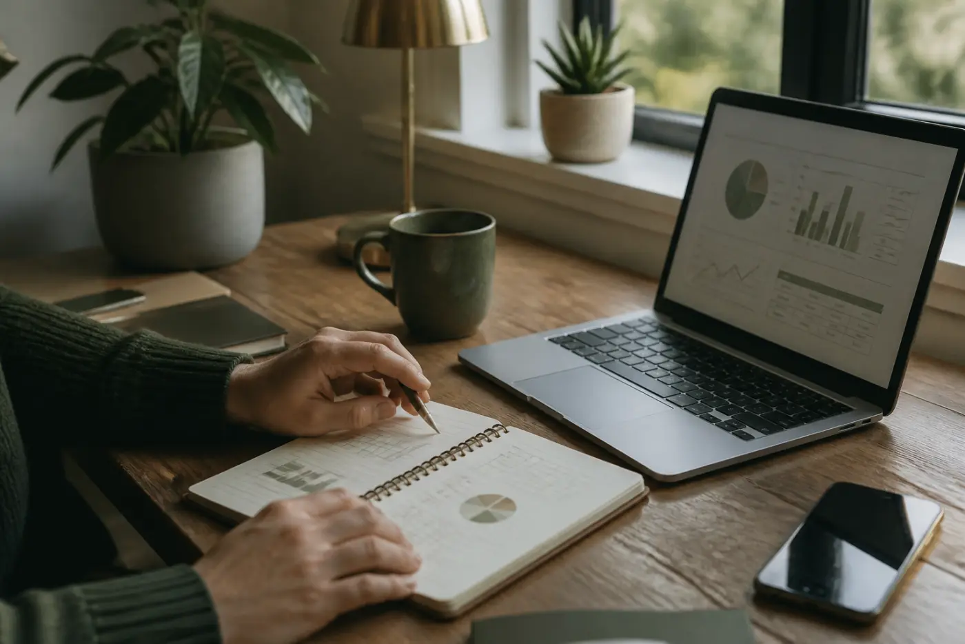 Hands reviewing a notebook and laptop while planning website costs