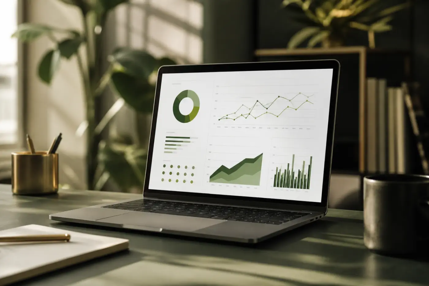 Laptop displaying analytics charts on a desk