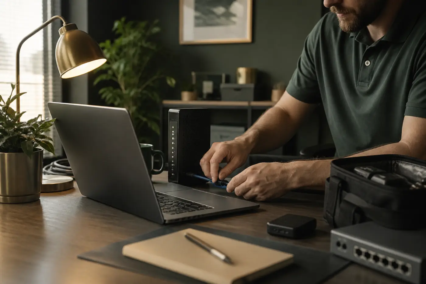 Hands troubleshooting a laptop and network equipment on an office desk