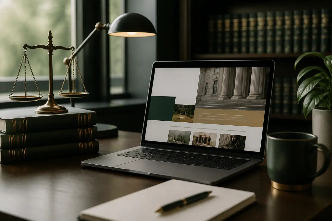Professional desk with law books and a laptop showing a clean website