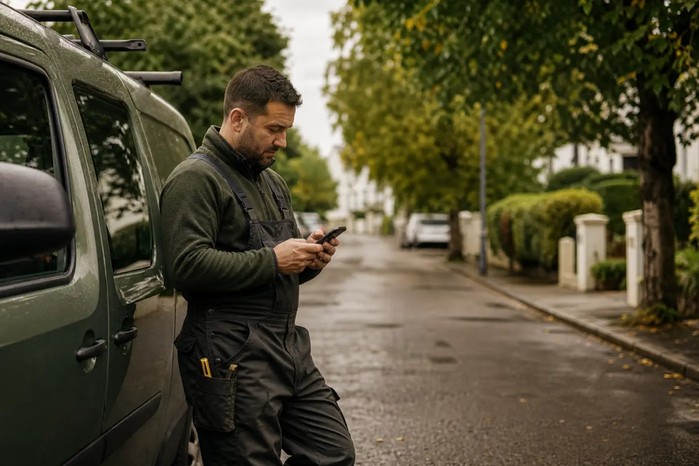 Tradesperson beside a van checking job leads on a phone