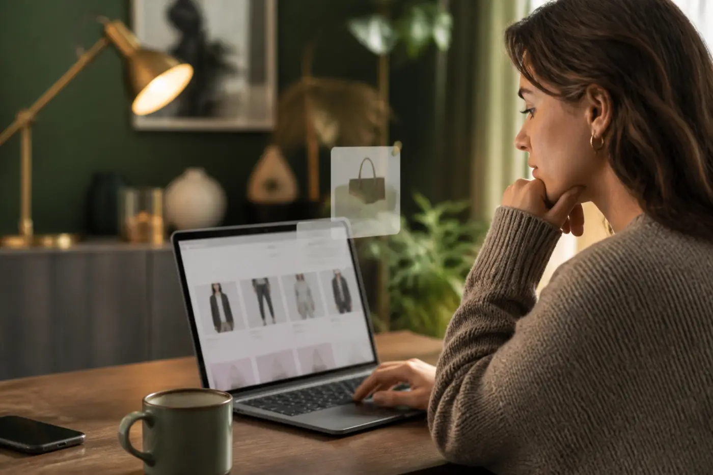 Person browsing on a laptop with a subtle advertising follow-up concept