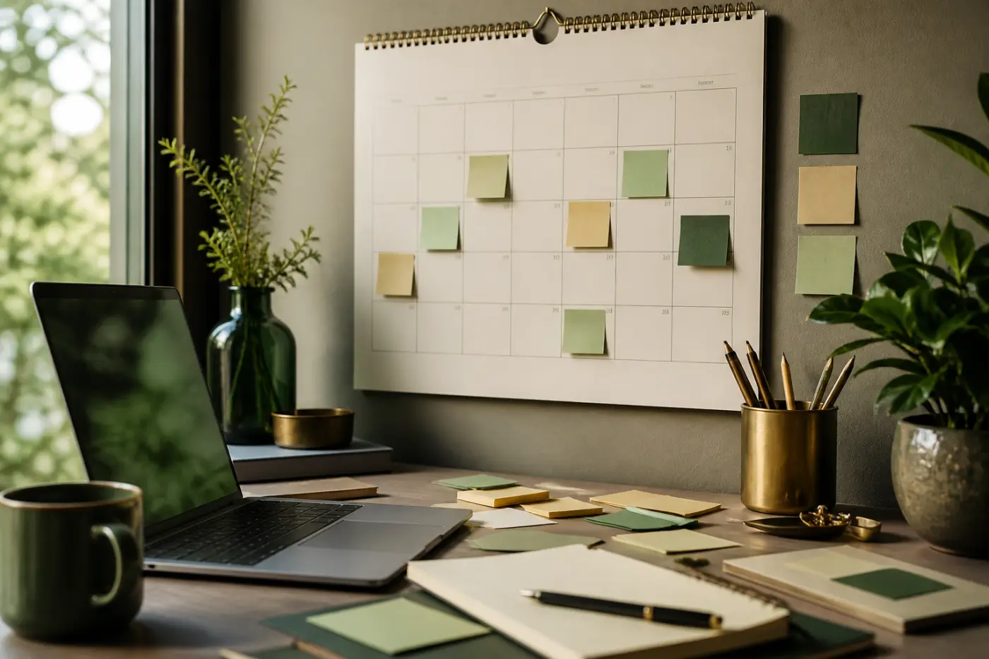 Desk calendar, sticky notes and a laptop used for campaign planning