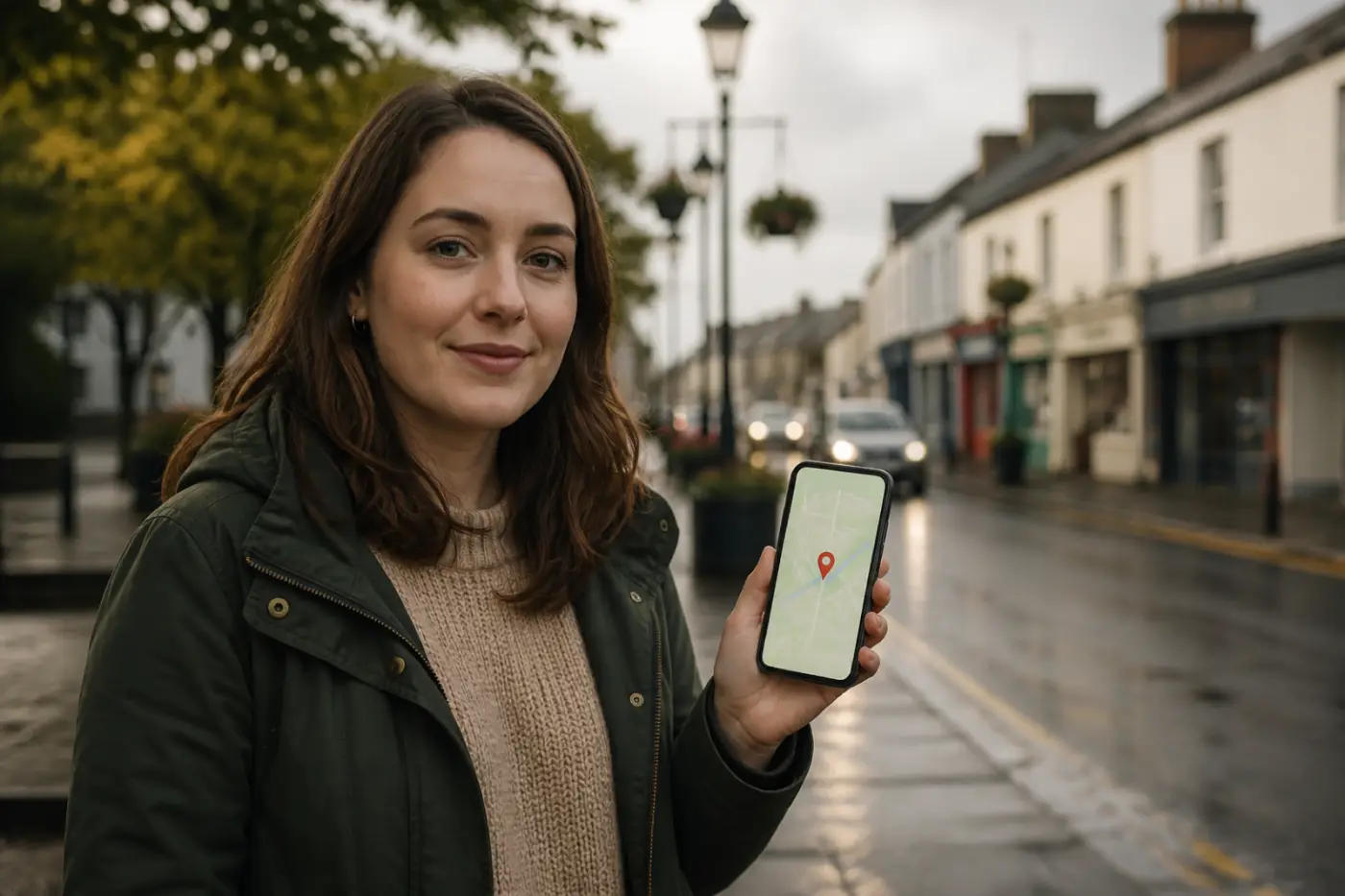 Person checking a local map on a phone on a Northern Ireland high street