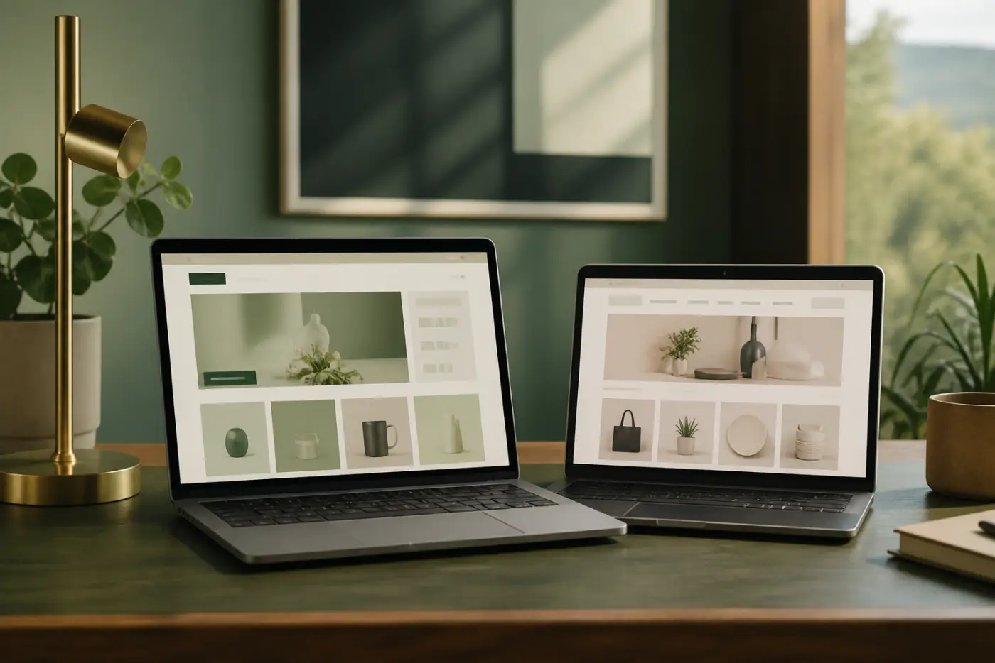 Two laptops on a desk showing online store interfaces