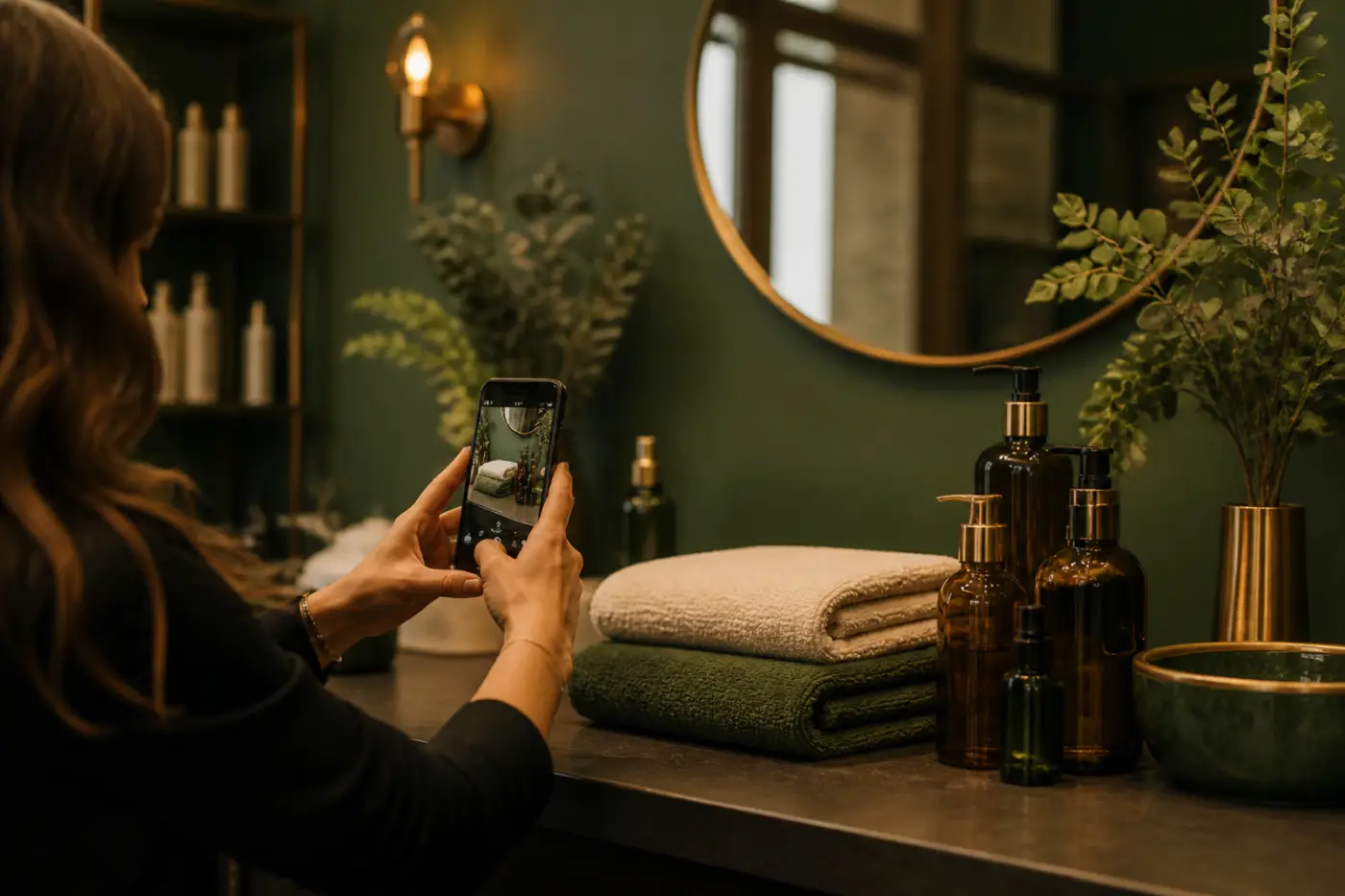 Beauty professional photographing salon work with a smartphone