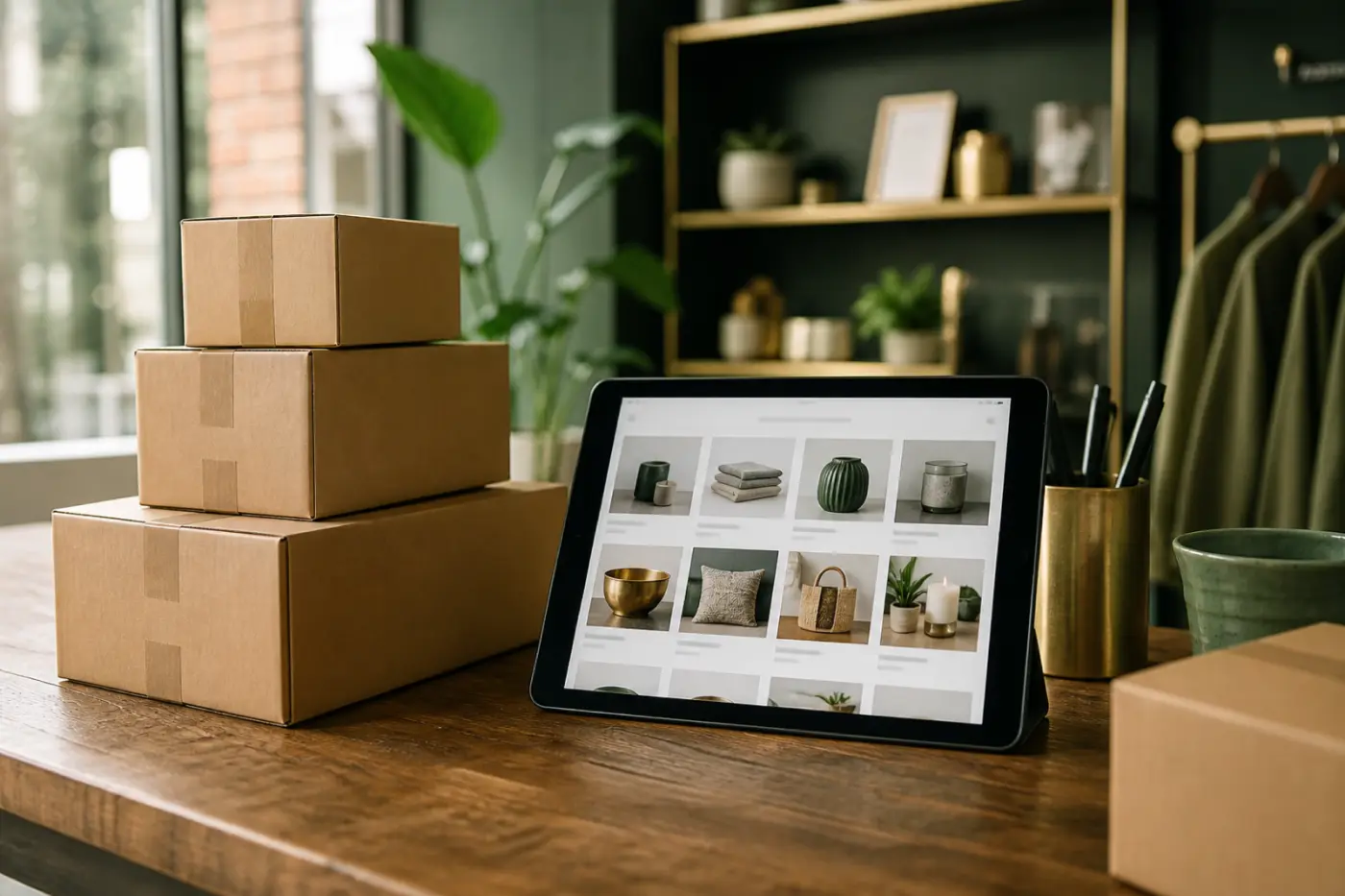 Shipping boxes and a tablet showing an online store on a retail counter
