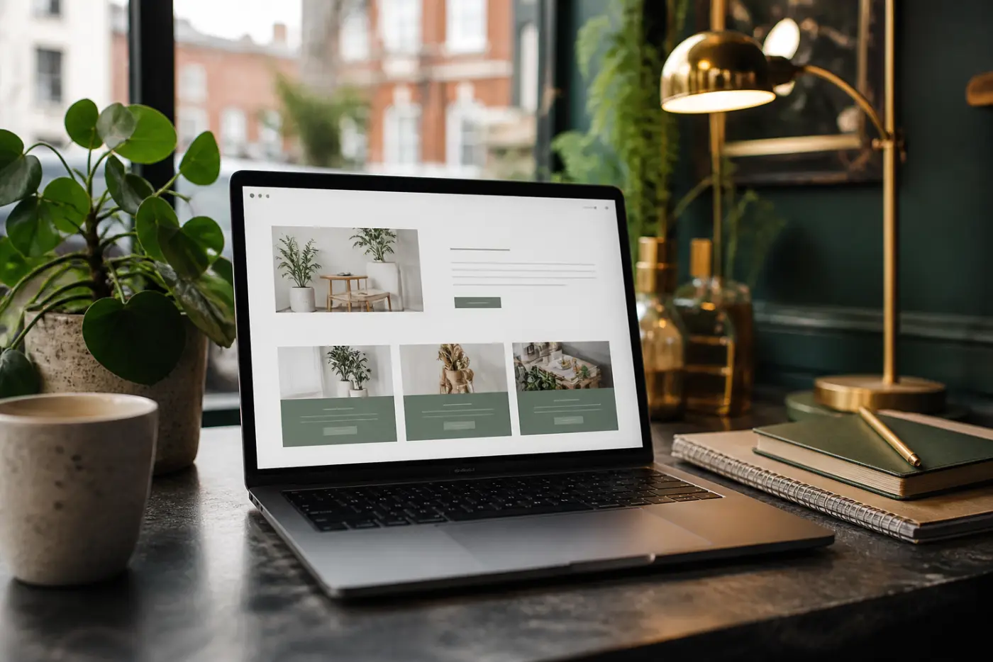 Laptop on a desk showing a clean small business website design in soft green light