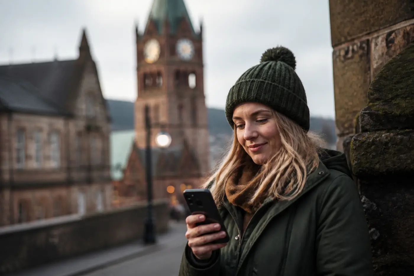 Person on a Northern Ireland high street checking their phone near historic buildings