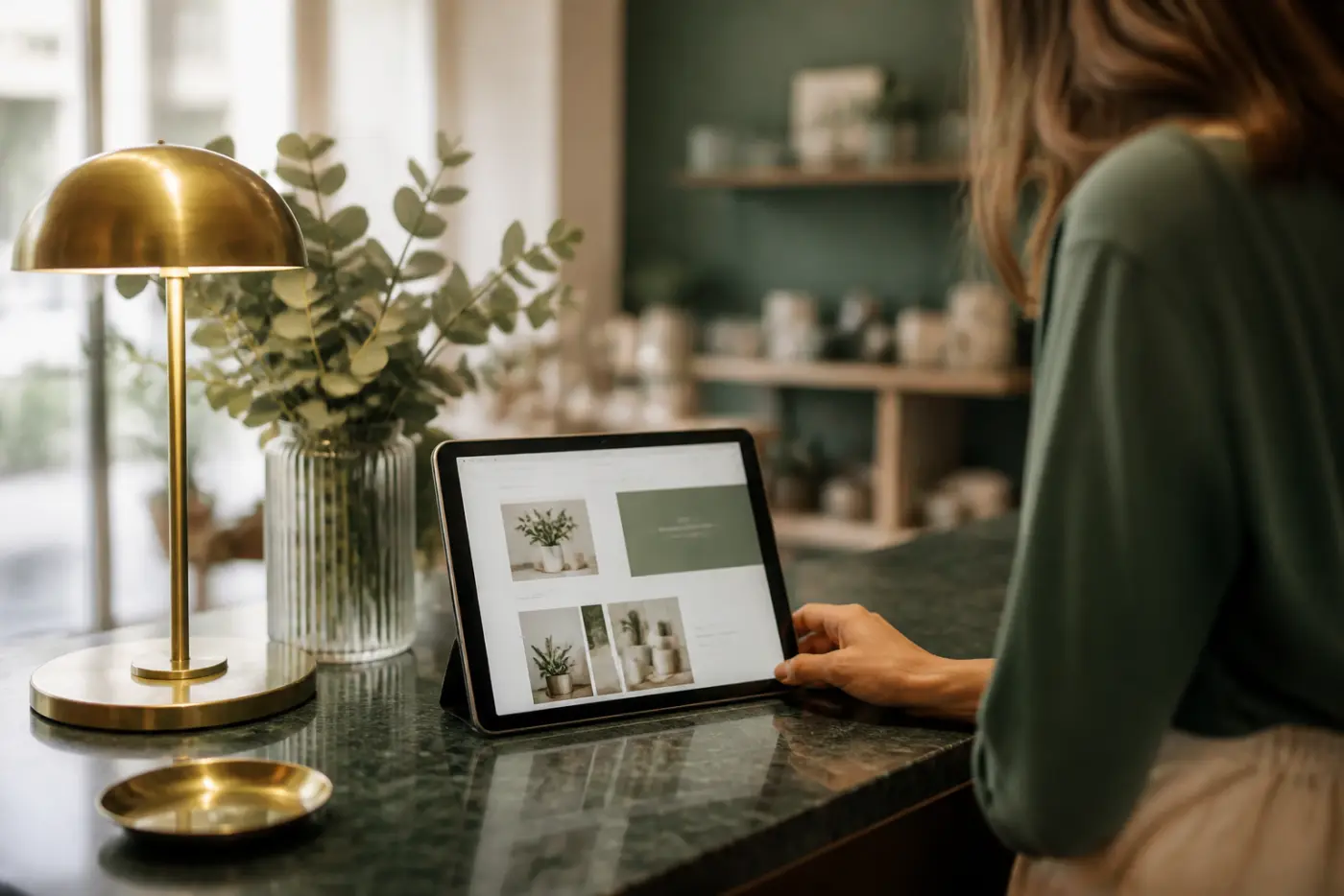 Workshop counter with a tablet showing a simple business website mockup