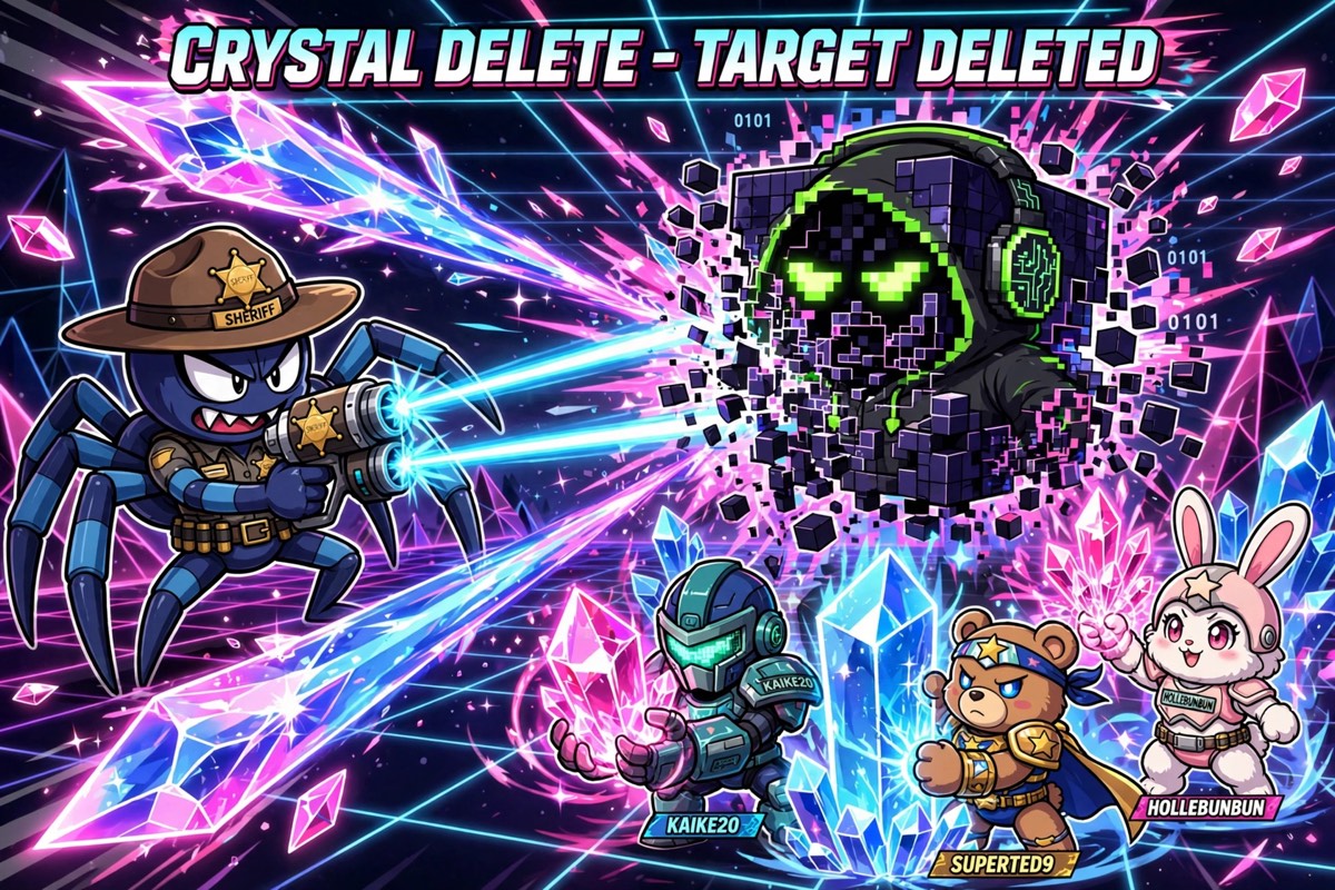 Crystal Delete artwork: the sheriff fires twin beams that shatter a hooded hacker cube into pixels above the crystal tower