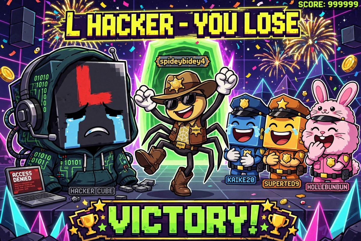 Victory artwork: sheriff spideybidey4 celebrates with guards kaieke20, superted9 and hollebunbun while a crying hacker cube shows ACCESS DENIED