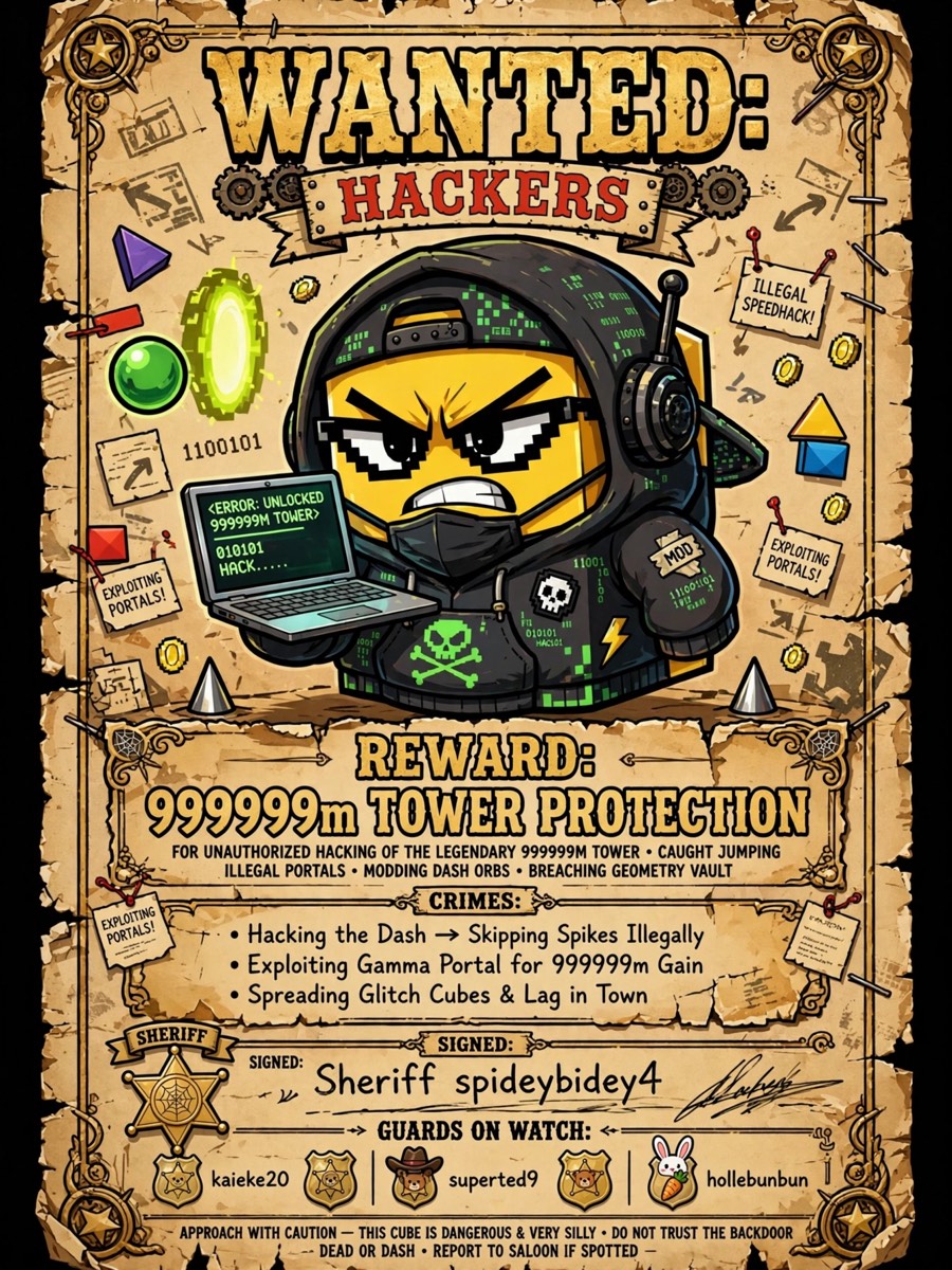 Wanted poster artwork: a hooded hacker cube with a laptop, wanted for hacking the 999999 m tower, signed by Sheriff spideybidey4