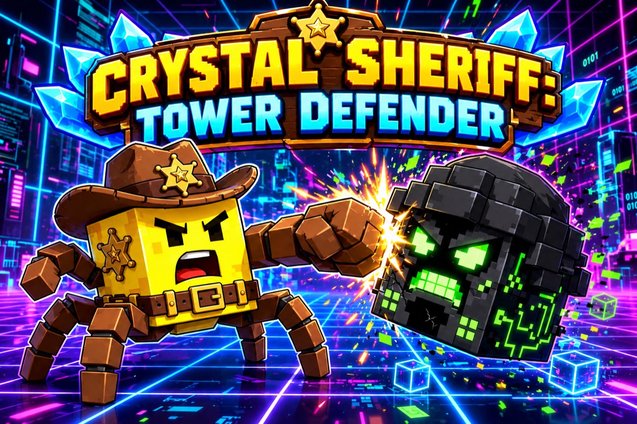 Crystal Sheriff: Tower Defender key art: the yellow sheriff cube spideybidey4 punches a black hacker cube in a neon grid arena